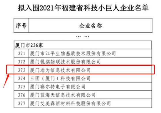 贊！瑞為技術(shù)入圍2021福建省科技小巨人企業(yè)名單