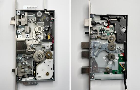 左側(cè)為其他全自動(dòng)鎖體，右側(cè)為亞太天能全自動(dòng)鎖體